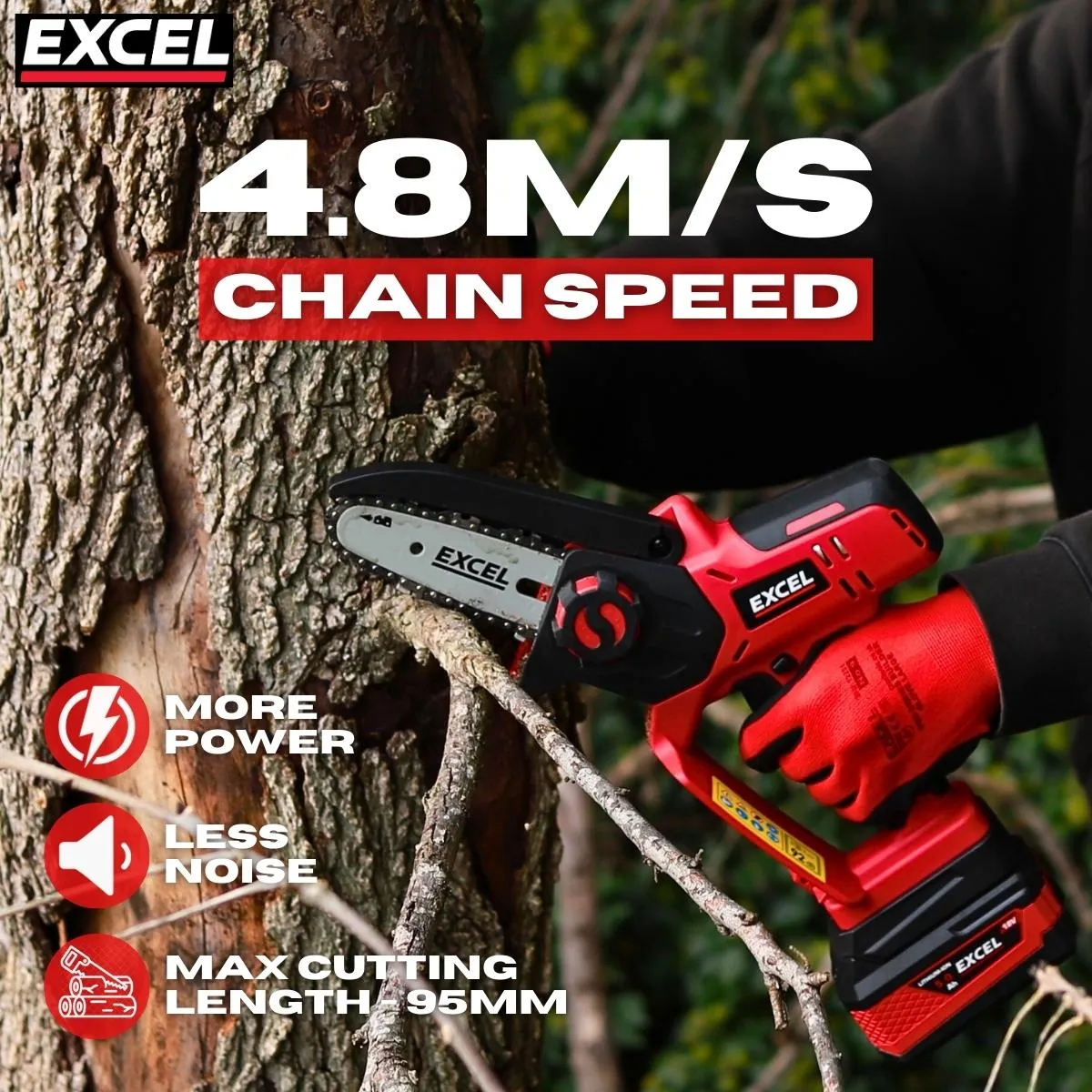Excel 18V Cordless Mini Chain Saw with 1 x 4.0Ah Battery & Charger