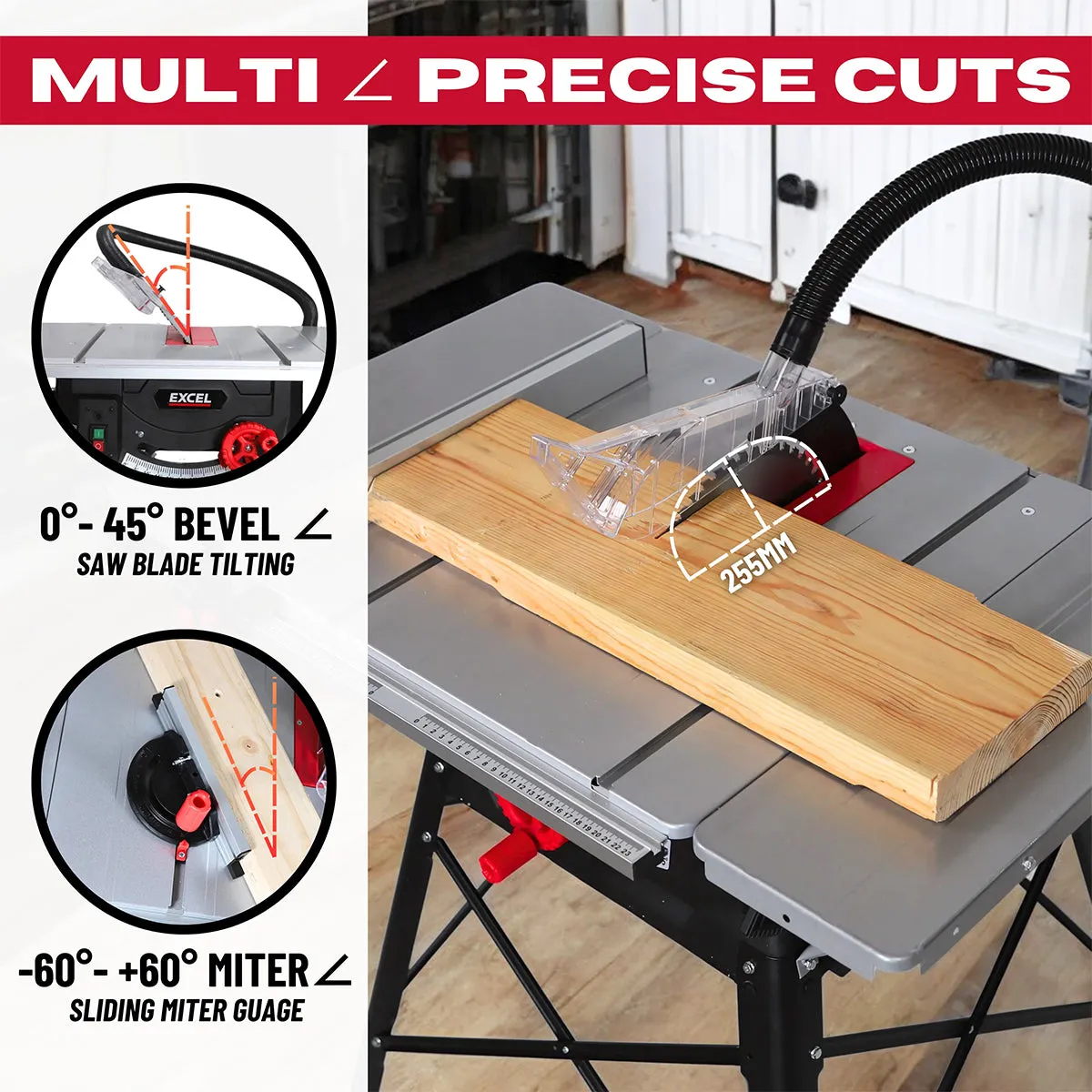 Excel 255mm Table Saw with Dust Extractor 50L Vacuum Cleaner 240V