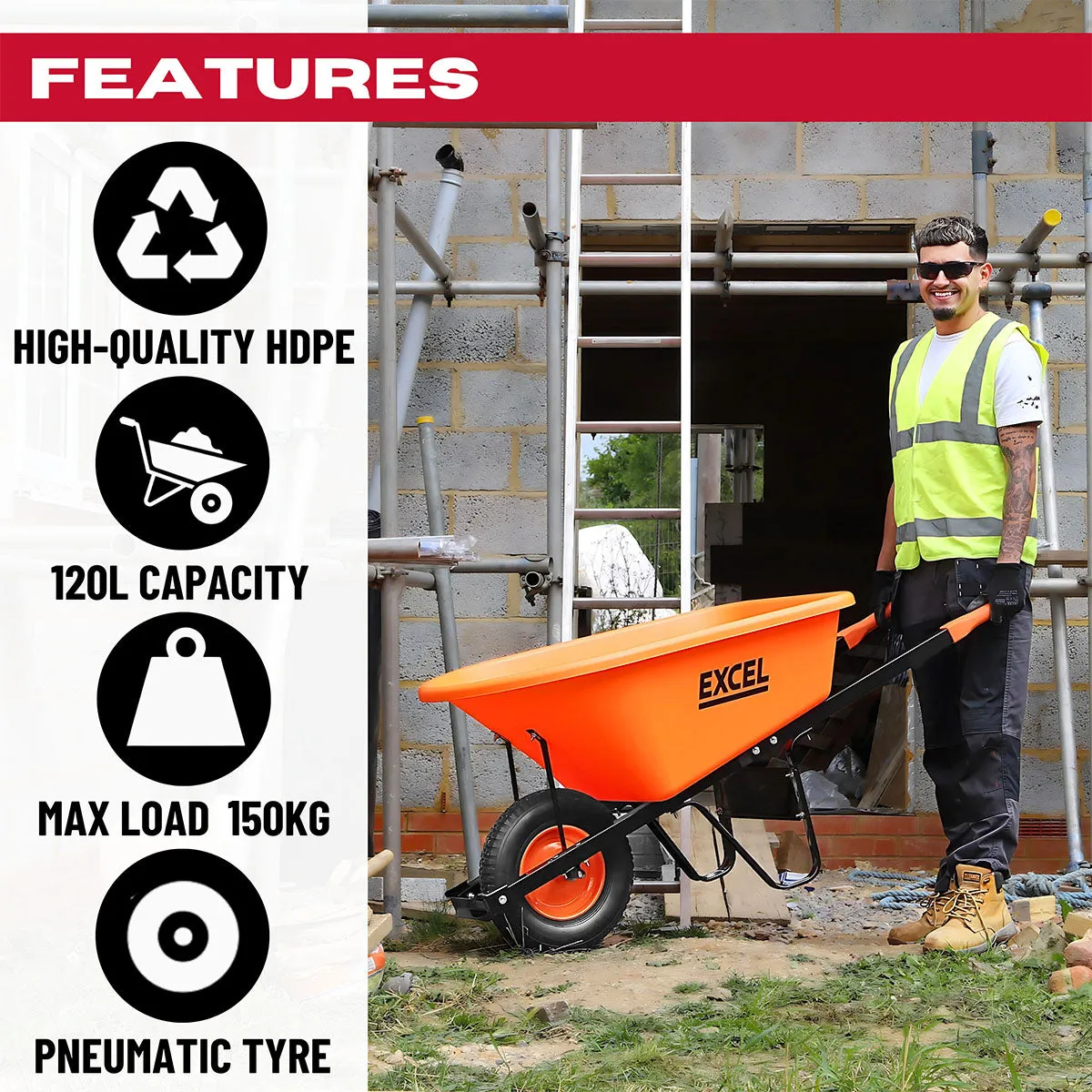 Excel Heavy Duty 120L Wheelbarrow HDPE Plastic Tray