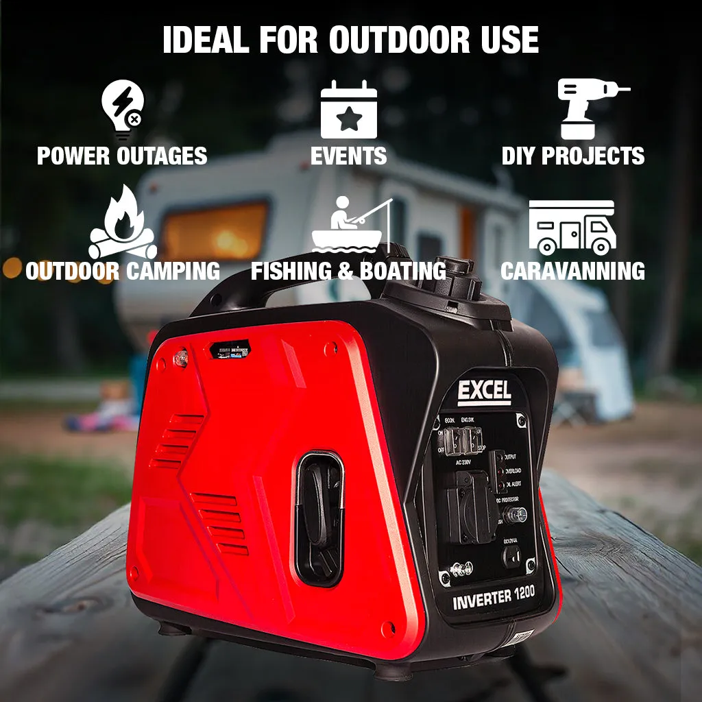 Excel Petrol Inverter Generator 4-Stroke Engine - 1200W Power Output. 60CC for Reliable Outdoor use