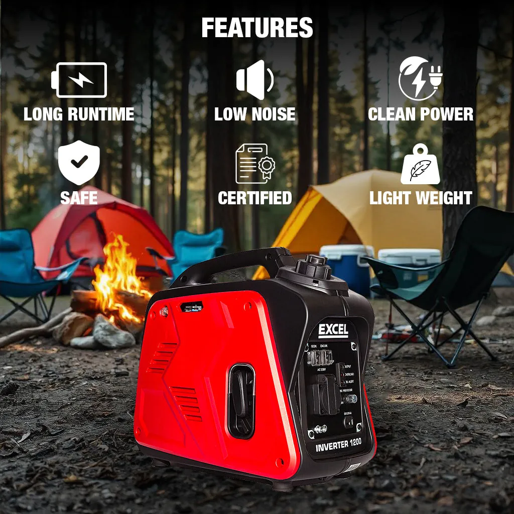 Excel Petrol Inverter Generator 4-Stroke Engine - 1200W Power Output. 60CC for Reliable Outdoor use