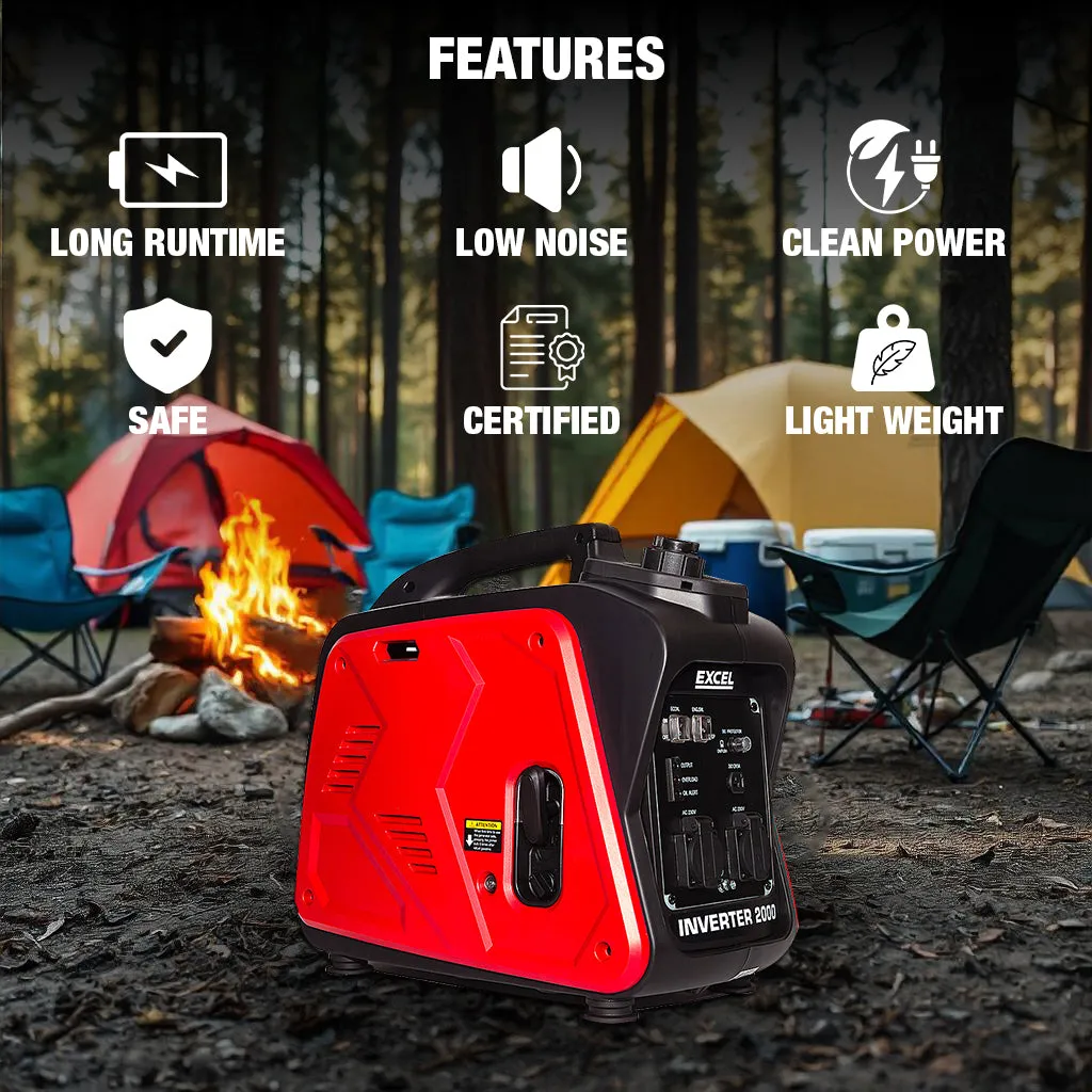 Excel Petrol Inverter Generator 4-Stroke Engine - 2000W Power Output. 99CC for Reliable Outdoor use