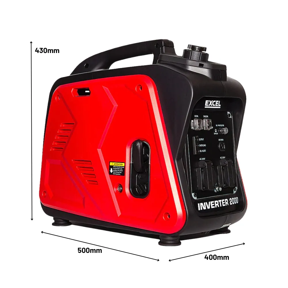 Excel Petrol Inverter Generator 4-Stroke Engine - 2000W Power Output. 99CC for Reliable Outdoor use
