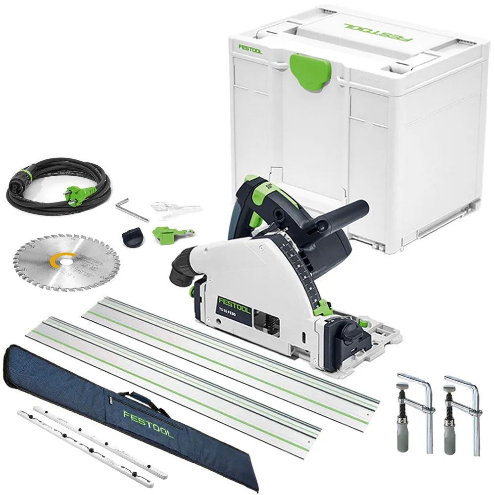 Festool TS 55 FEBQ-Plus 230V GB Circular Plunge-Cut Saw - 576706 With 2 x Guide Rail. Connector. Clamp & Bag