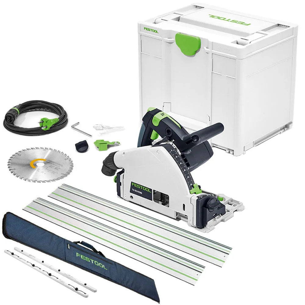 Festool TS 55 FEQ-Plus 110V GB Circular Plunge Cut Saw - 576707 With 2 x Guide Rail. Connector & Guide Rail Bag