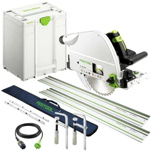 Festool TS 75 EBQ-Plus 230V GB Circular Plunge Cut Saw - 576114 With 2 x Guide Rail. Connector. Clamp & Bag