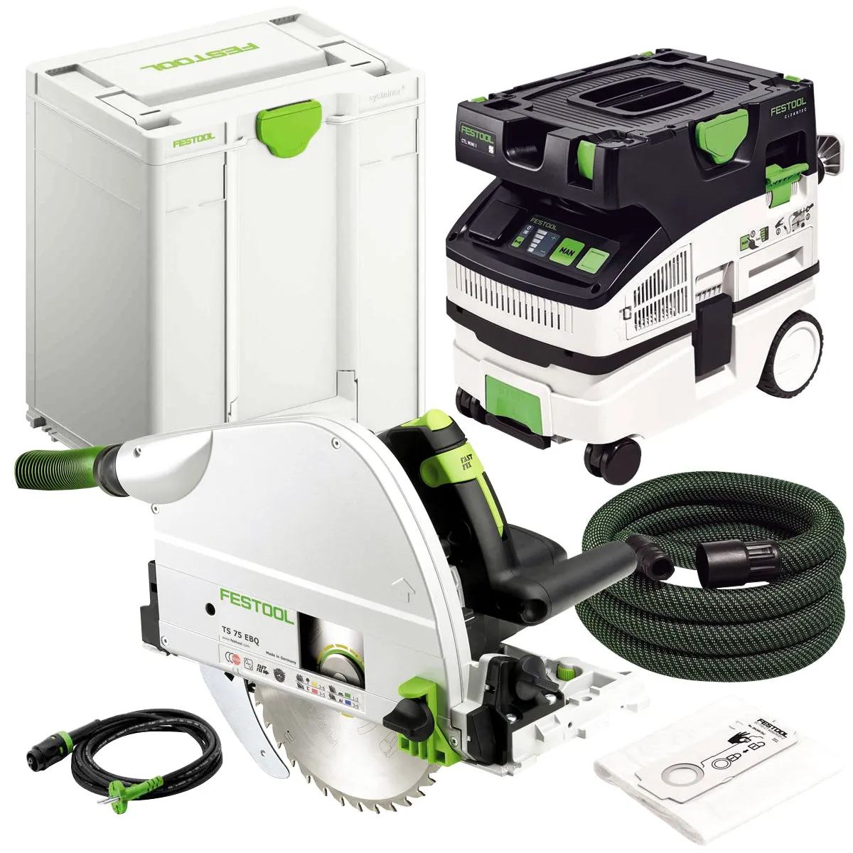 Festool TS 75 EBQ-Plus 230V GB Circular Plunge Cut Saw - 576114 With Mobile Dust Extractor 574843