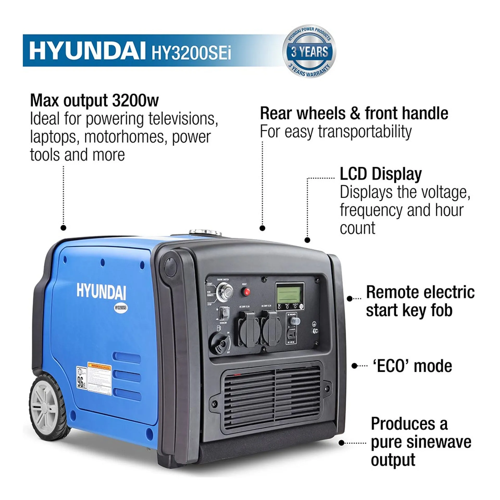 Hyundai HY3200SEi Petrol Inverter Generator. Remote Keyfob & Electric Start. Wheel Kit 3200W/240V