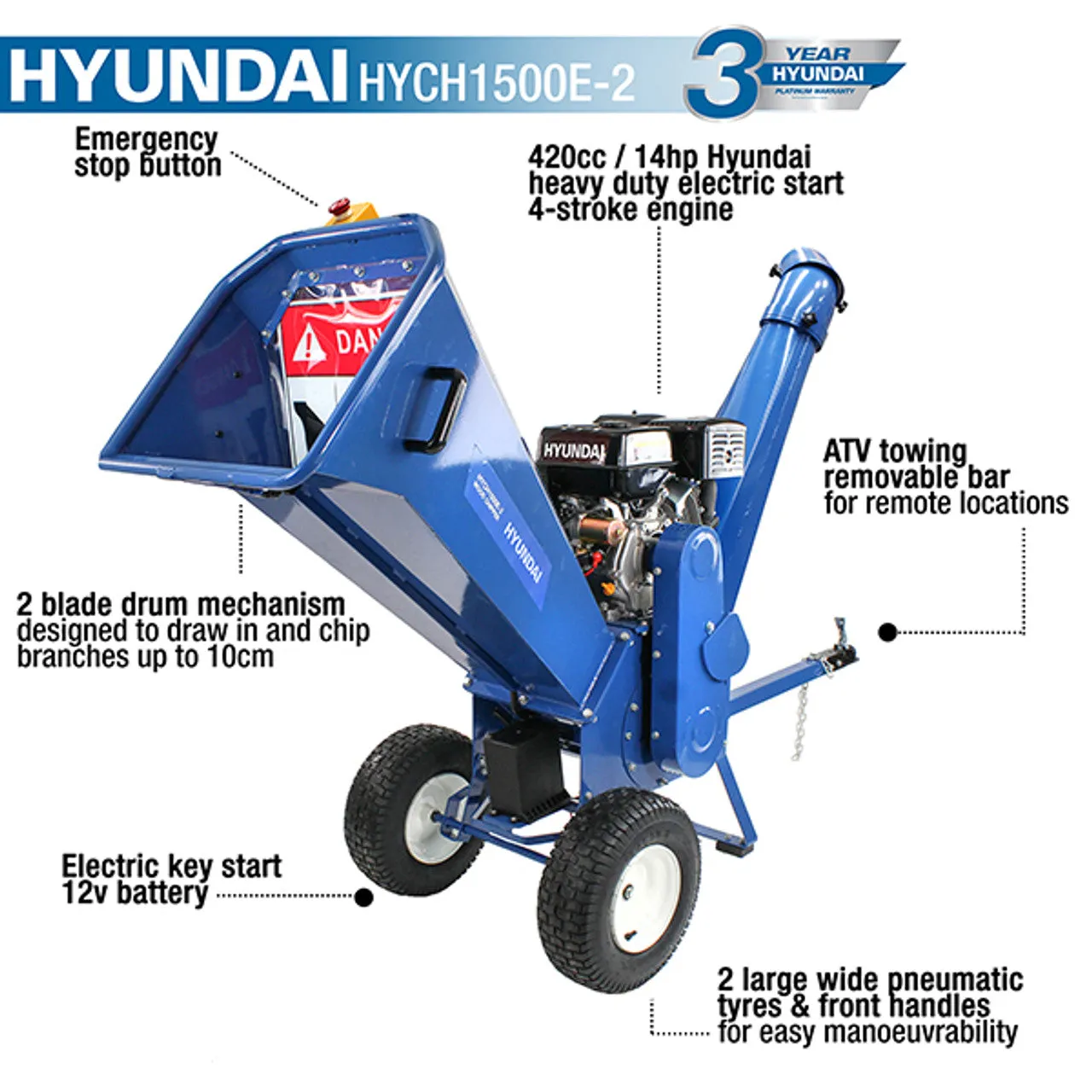 Hyundai HYCH1500E-2 420cc Petrol Garden Wood Chipper Shredder Mulcher