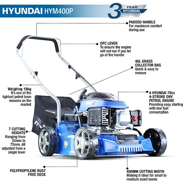 Hyundai HYM400P 40cm Petrol Lawnmower 79cc Engine. 25-75mm Cuts. 45L Grass Catcher & Rear Discharge