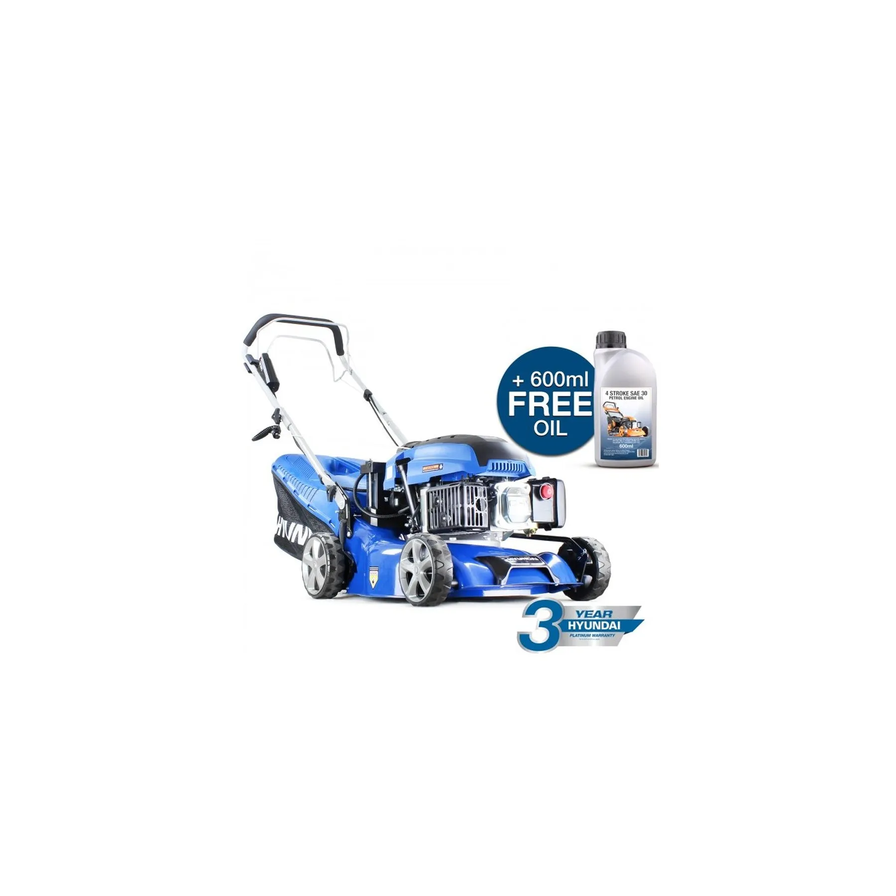 Hyundai HYM430SPE 42cm Self-Propelled Petrol Lawnmower 139cc Engine Electric Start. Rear Discharge & Mulching