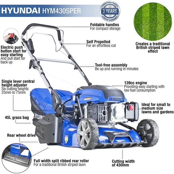 Hyundai HYM430SPER 43cm Electric-Start Self-Propelled Petrol Roller Lawnmower 139cc Engine & 25-75mm Cuts