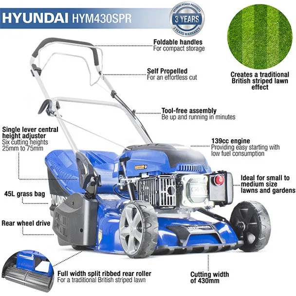 Hyundai HYM430SPR 43cm Self-Propelled Petrol Roller Lawnmower. 25-75mm Cuts & Rear Discharge