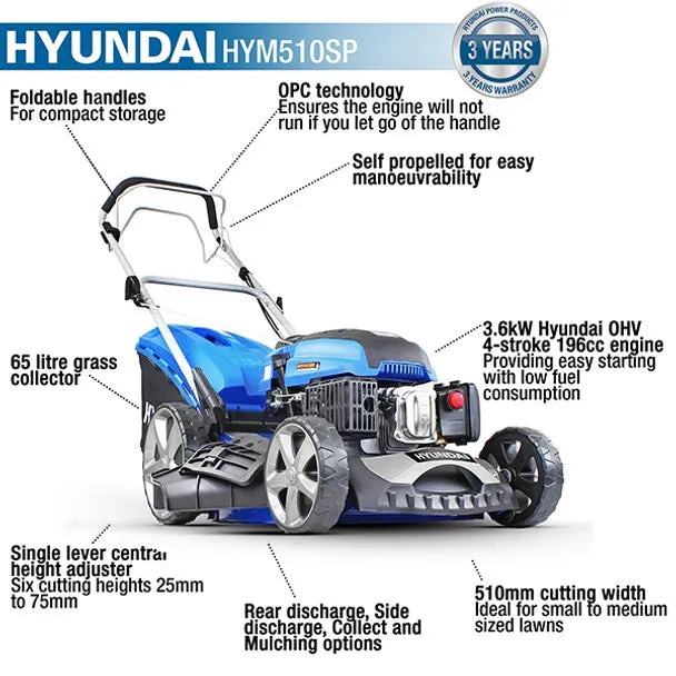 Hyundai HYM510SP 51cm Self-Propelled Petrol Lawnmower. Mulch. Rear & Side Discharge. Hose Connector
