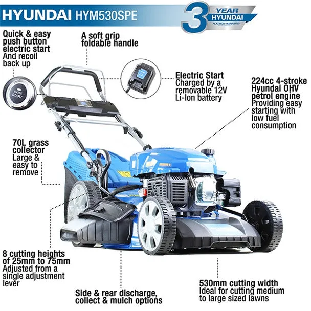 Hyundai HYM530SPE 224cc Self-Propelled Petrol Lawn mower 21/53cm