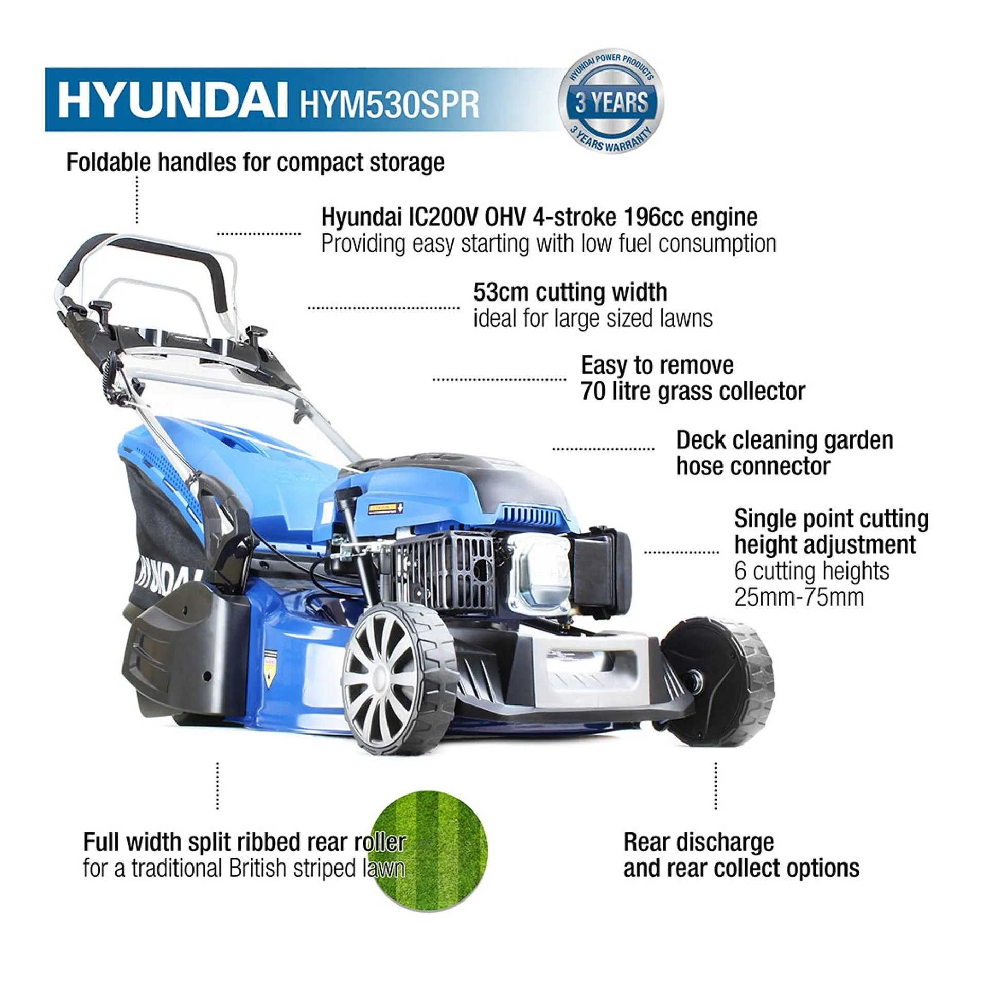 Hyundai HYM530SPR 53cm Self-Propelled Petrol Roller Lawnmower 196cc Engine & 70L Grass Catcher