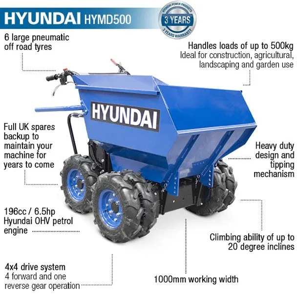 Hyundai HYMD500 4 x 4 Drive Mini Dumper Power Barrow 196cc Engine. 500kg Capacity & Compact & Reliable
