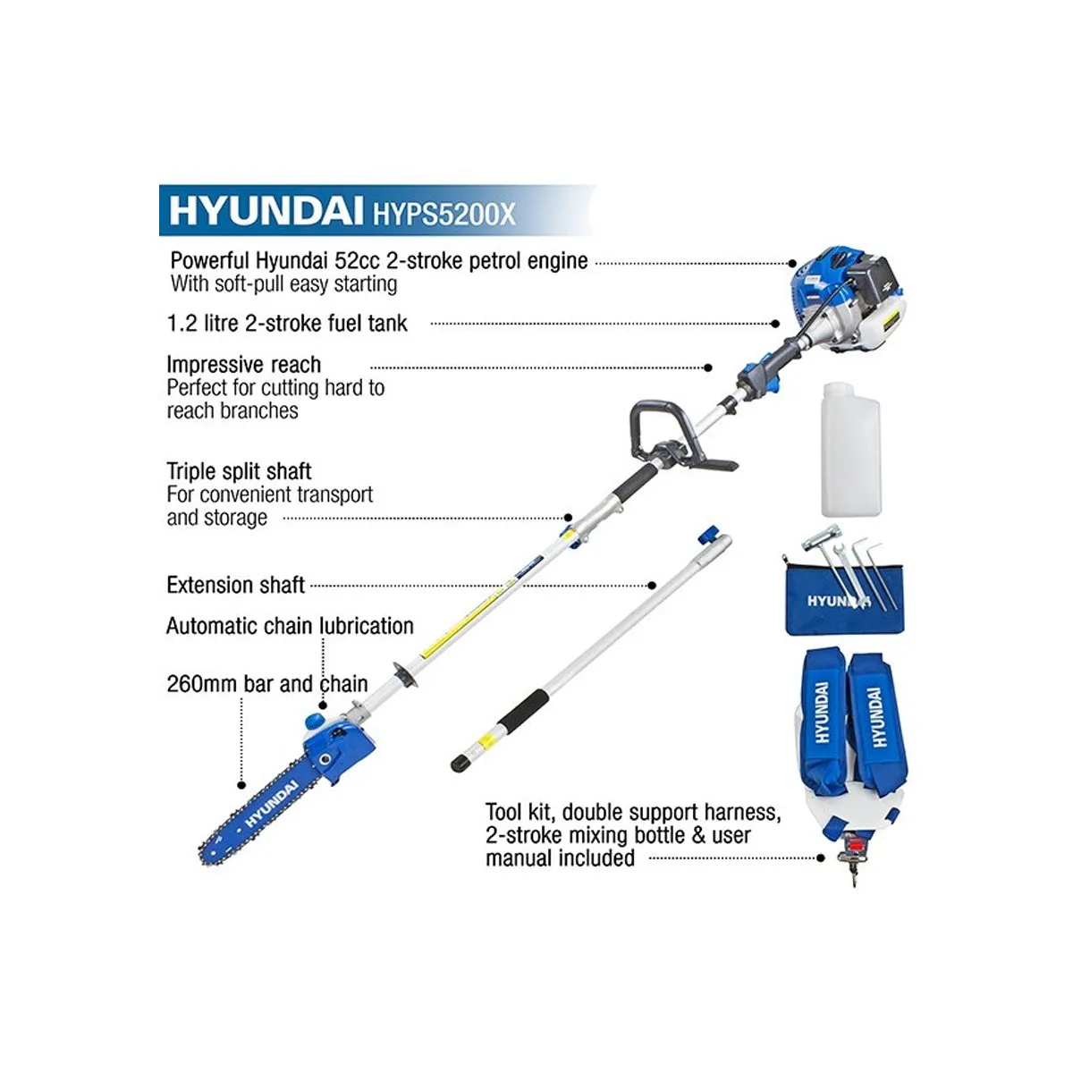 Hyundai HYPS5200X 52cc Long Reach Petrol Pole Saw Pruner Chainsaw