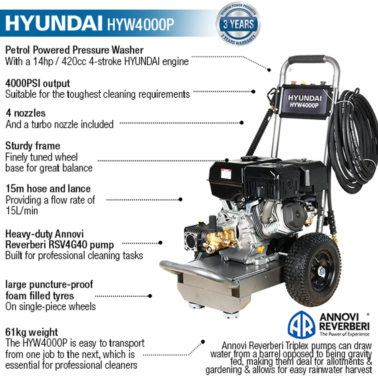Hyundai HYW4000P Petrol Pressure Washer 420cc Engine. 15L/Min Flow & AR Pump for Powerful Cleaning