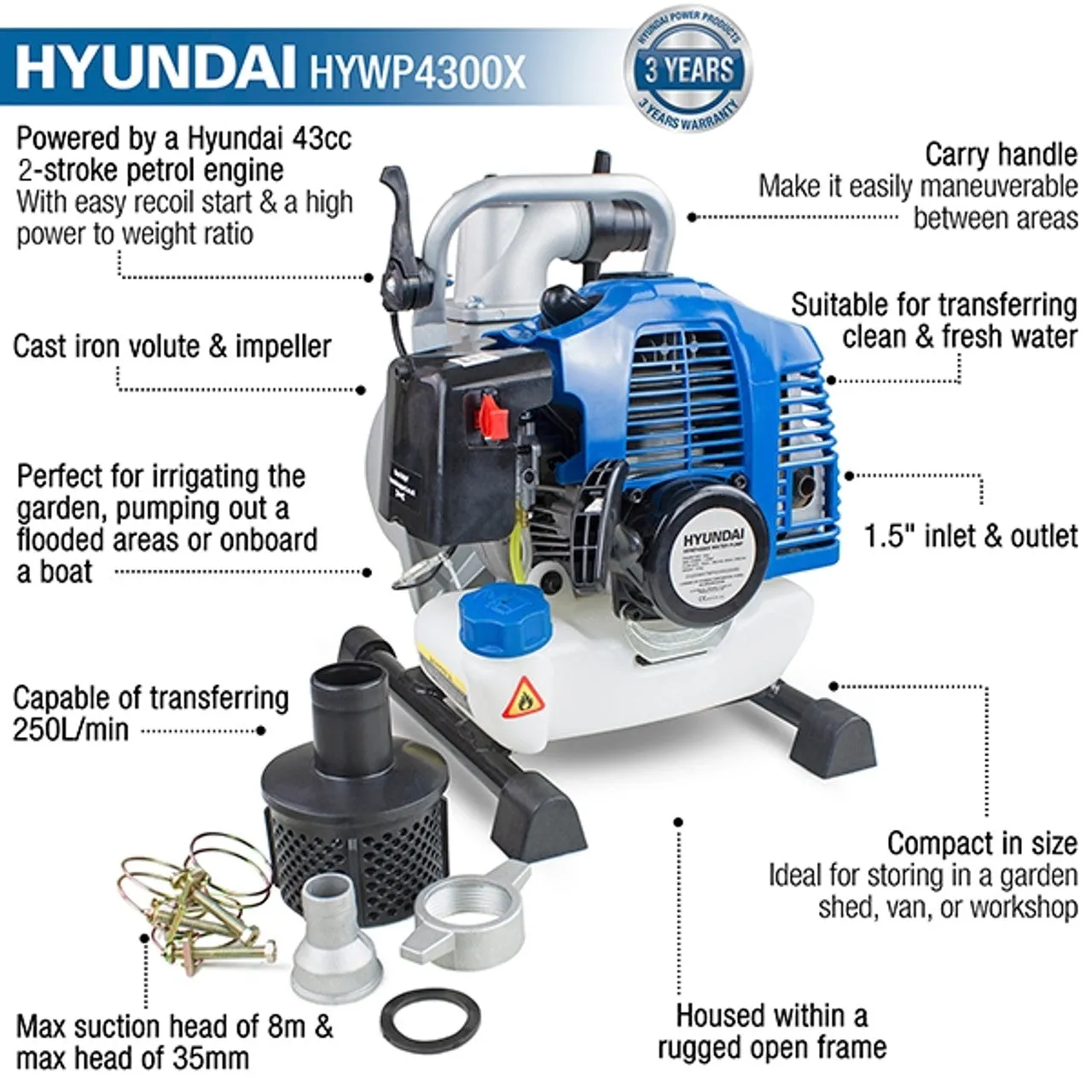 Hyundai HYWP4300X 35mm Petrol Clean Water Pump. Powerful 43cc 2-stroke & 250L/min Flow Rate