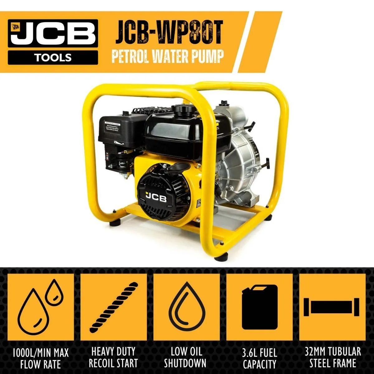 JCB WP80T 80mm 3 Professional Petrol Trash Water Pump 1000L/min