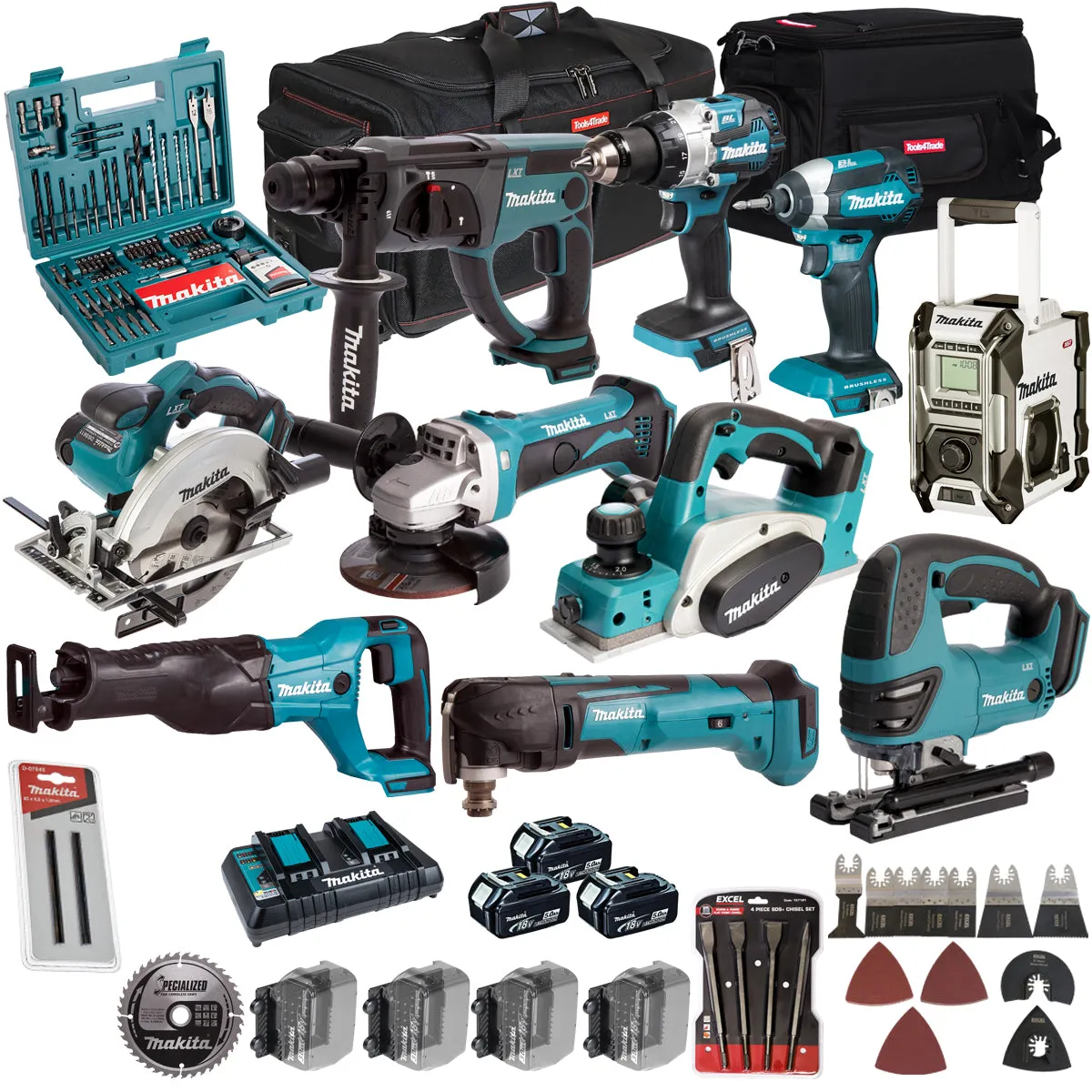Makita 18V 10 Piece Combo Kit with 3 x 5.0Ah Battery Charger & Accessories Set T4TKIT-17227