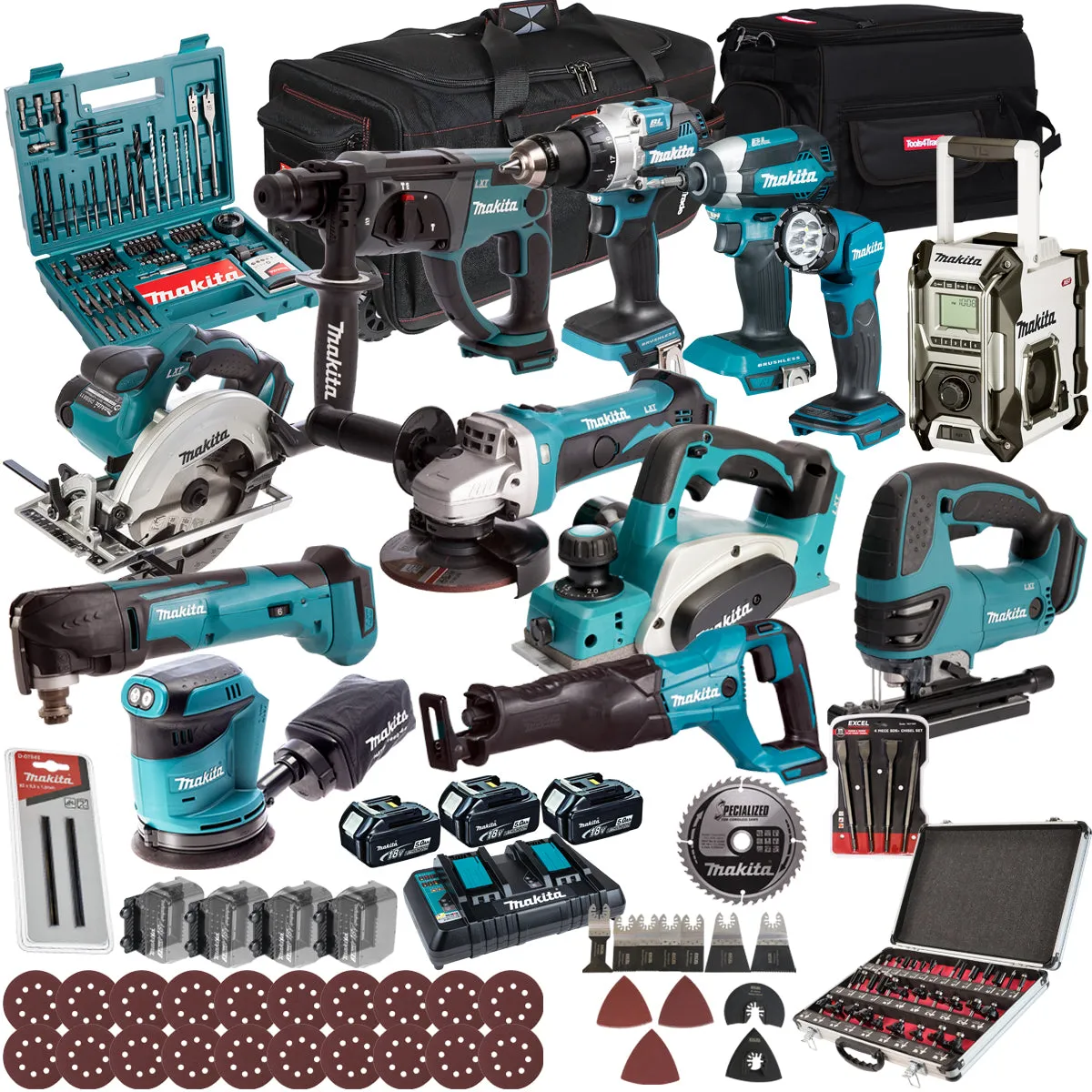Makita 18V 12 Piece Combo Kit with 3 x 5.0Ah Battery Charger & Accessories Set T4TKIT-17223