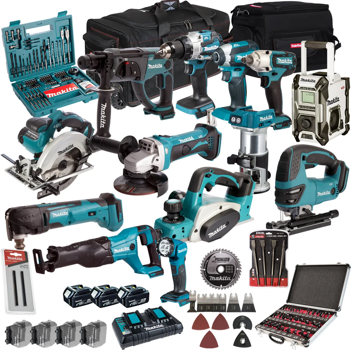 Makita 18V 13 Piece Combo Kit with 3 x 5.0Ah Battery Charger & Accessories Set T4TKIT-17222