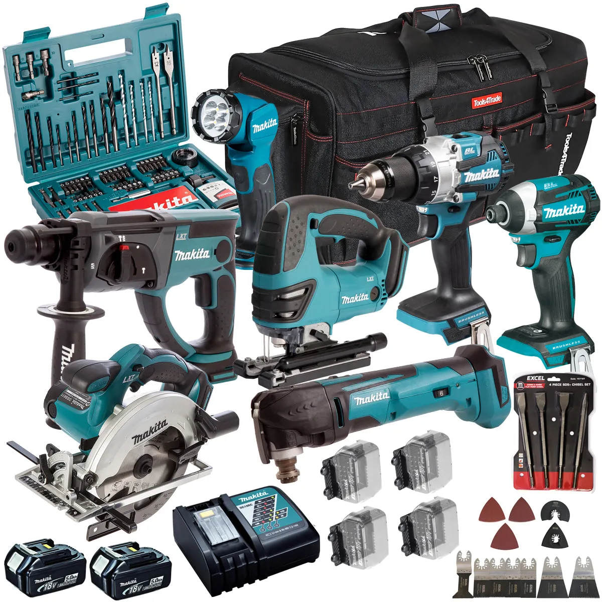Makita 18V 7 Piece Combo Kit with 2 x 5.0Ah Battery Charger & Accessories Set T4TKIT-17231