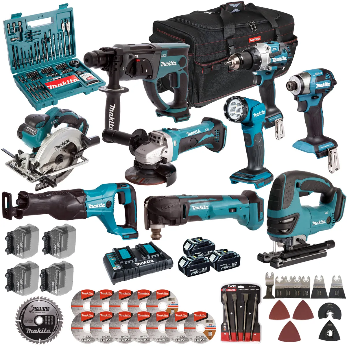 Makita 18V 9 Piece Combo Kit with 3 x 5.0Ah Battery Charger & Accessories Set T4TKIT-17229