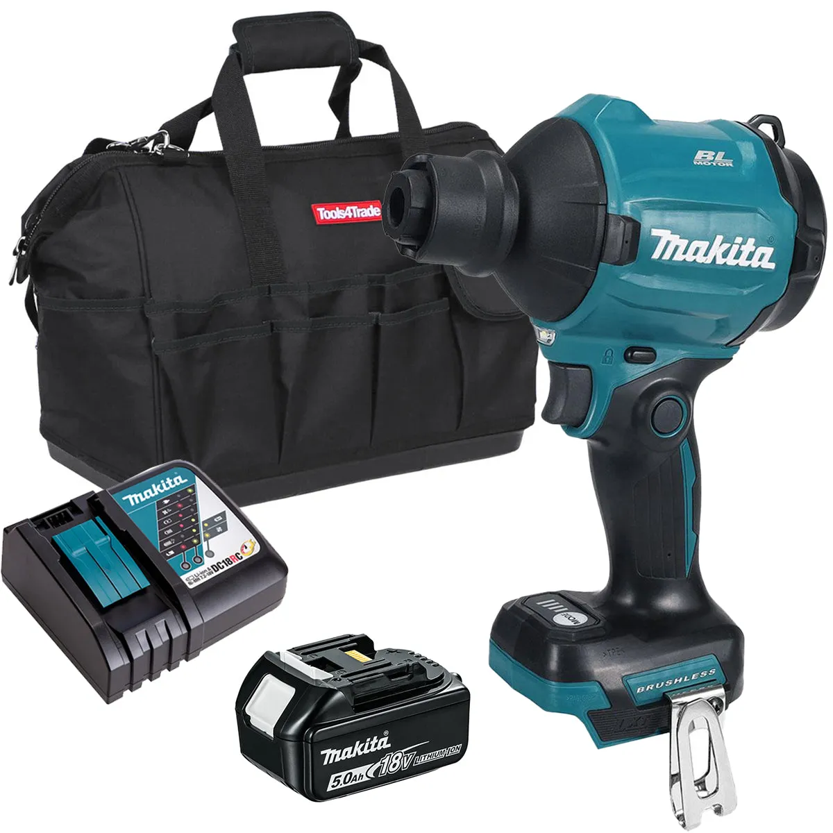 Makita DAS180Z 18V LXT Brushless Dust Blower with 1 x 5.0Ah Battery Charger & Bag