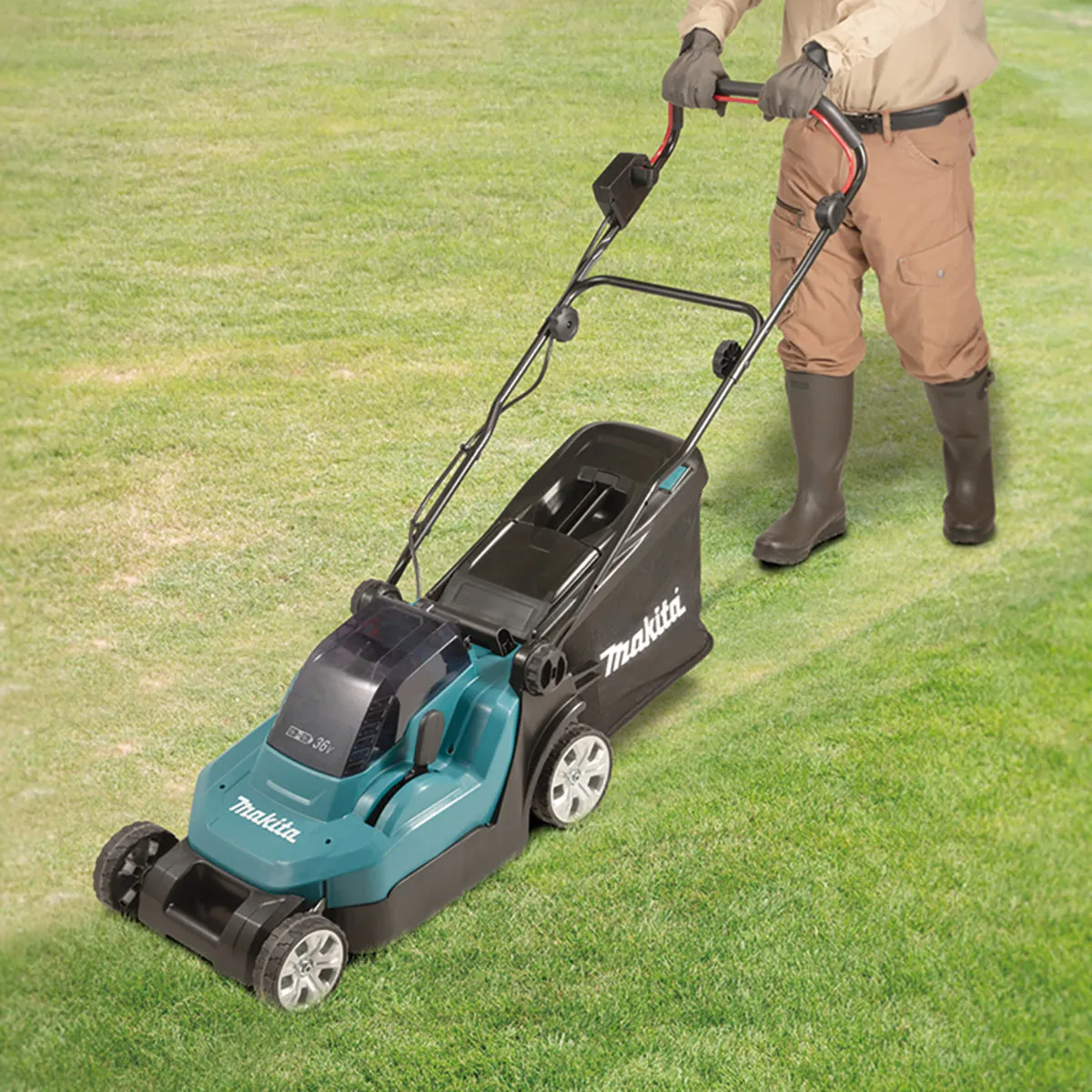 Makita DLM382PT2 36V LXT Cordless 38cm Lawn Mower With 2 x 5.0Ah Batteries & Charger