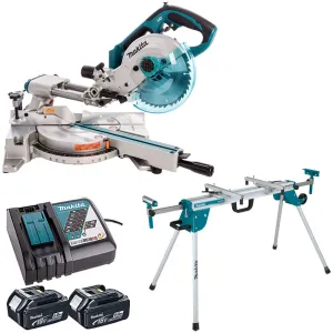 Makita DLS713NZ 18V 190mm Slide Compound Mitre Saw With 2 x 5.0Ah Batteries. Charger & Mitre Saw Stand
