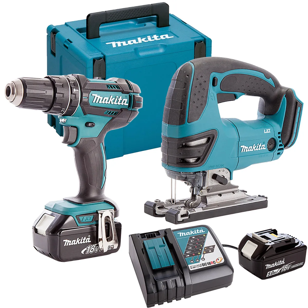 Makita DLX2134TJ 18V LXT Combi Drill & Jigsaw Combo Kit With 2 x 5.0Ah Batteries. Charger & Case