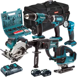 Makita DLX6068PTA 18V 6 Piece Power Tool Kit with 2 x 5.0Ah Battery Charger & 100 Accessory Set