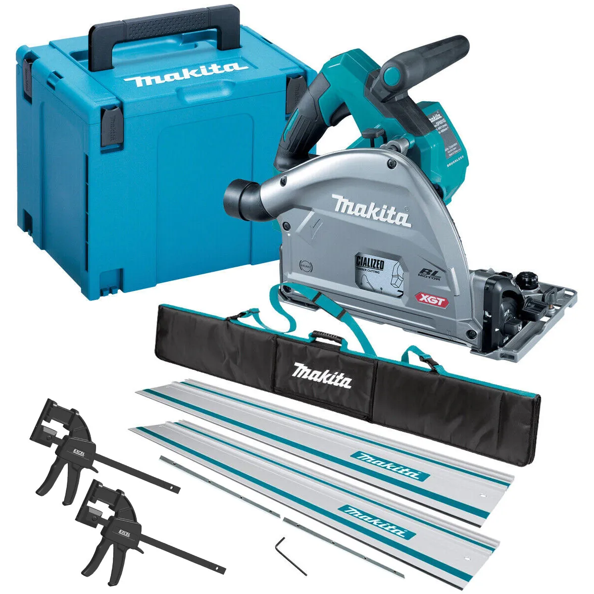 Makita SP001GZ03 40V Brushless Plunge Saw Body Only With 2 x Guide Rail. Clamp. Bag & Case