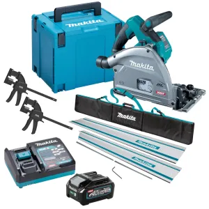 Makita SP001GZ03KIT5 40V Brushless Plunge Saw with 2 x Guide Rail. Connector. Clamp Set & 1 x 4.0Ah Battery Charger