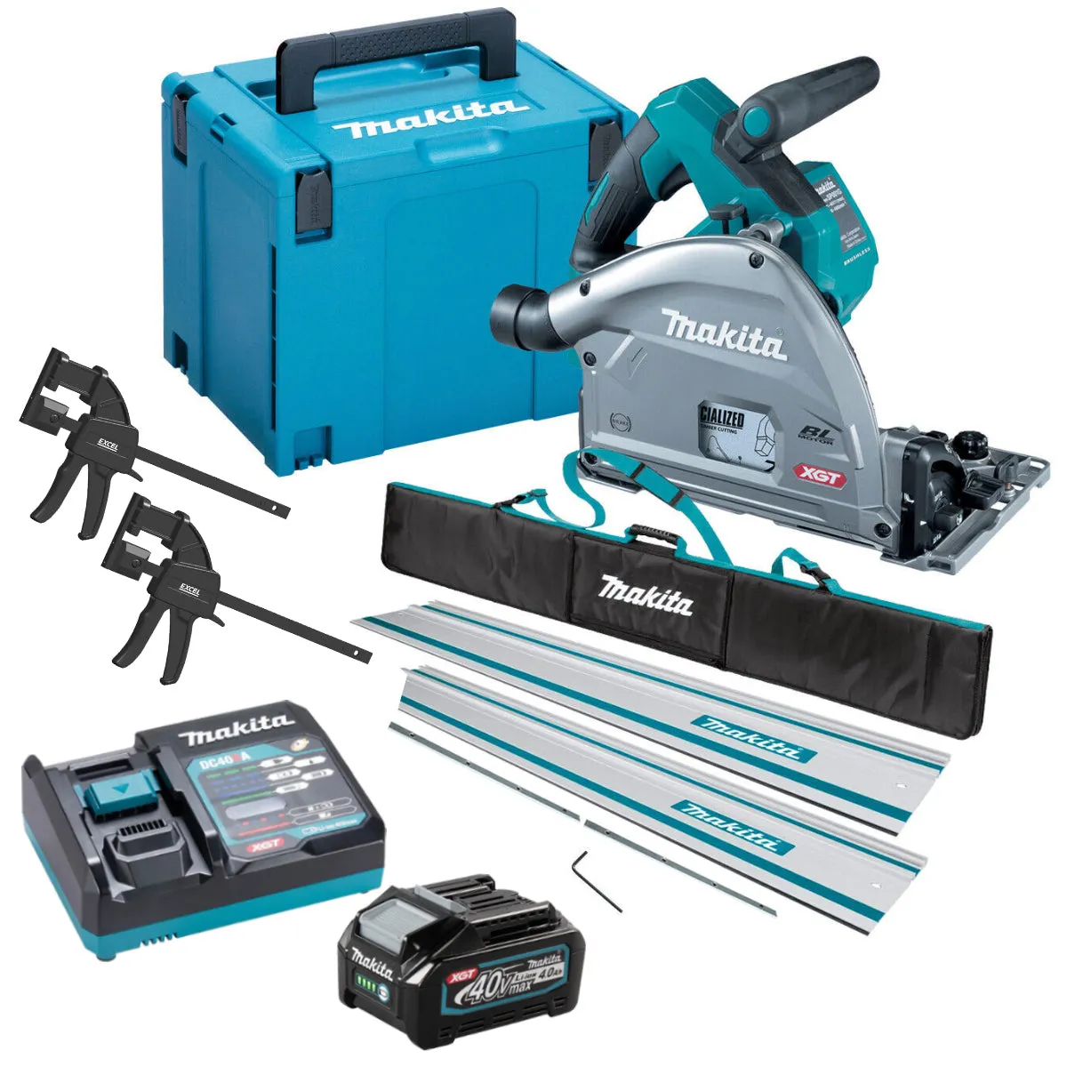 Makita SP001GZ03KIT5 40V Brushless Plunge Saw with 2 x Guide Rail. Connector. Clamp Set & 1 x 4.0Ah Battery Charger