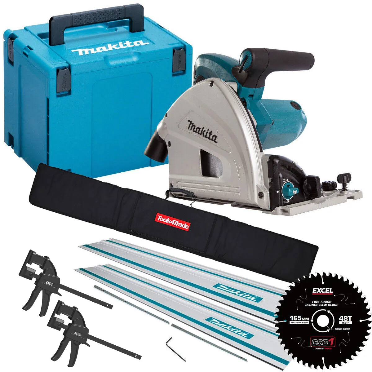 Makita SP6000J/1 110V 165mm Plunge Saw In Case   2 x Guide Rail Connector Bar With Blade & Clamp