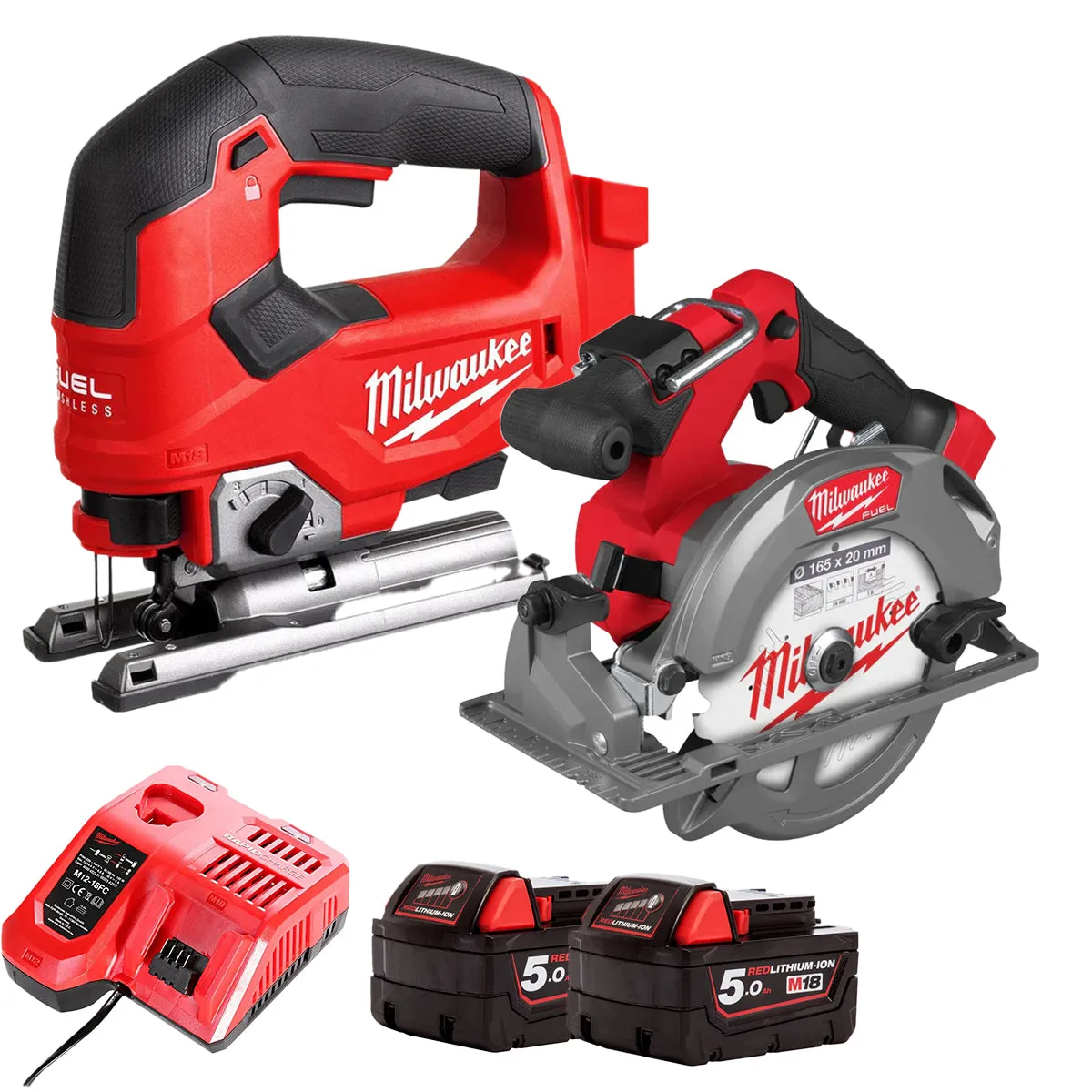 Milwaukee 18V Twin Pack Brushless 165mm Circular Saw   Jigsaw with 2 x 5.0Ah Battery & Charger