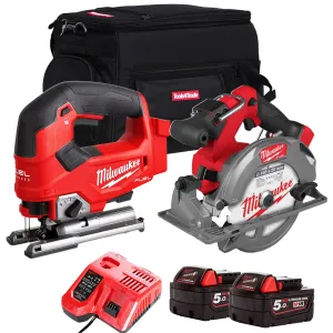 Milwaukee 18V Twin Pack Brushless 165mm Circular Saw   Jigsaw with 2 x 5.0Ah Battery Charger & Bag