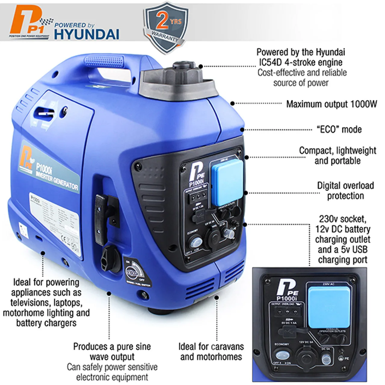 P1 Hyundai Powered P1000i Portable Petrol Inverter Suitcase Generator 1000W