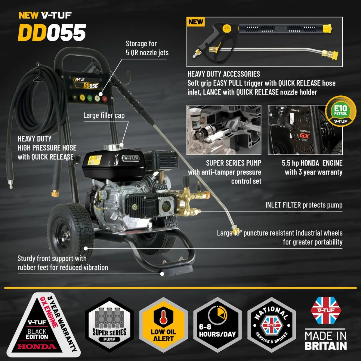 V-TUF DD055 Industrial 5.5HP Honda Driven Petrol Pressure Washer 2000psi 140Bar 13.2L/min