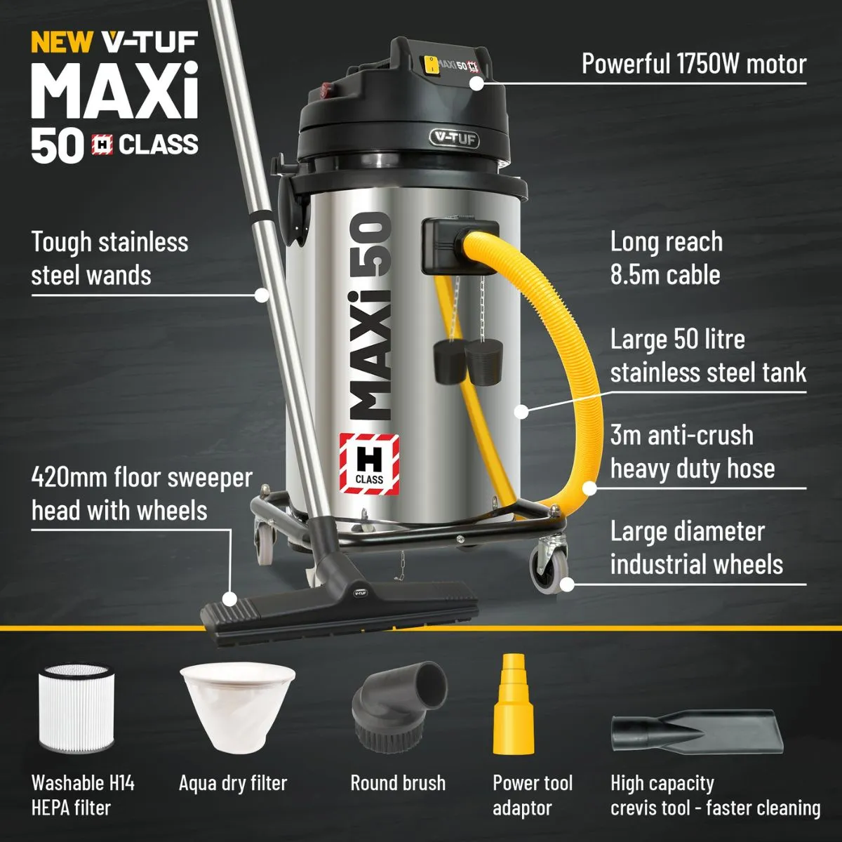 V-TUF MAXIH110-50L H-Class Industrial Dust Extraction Vacuum Cleaner 110V/1750W