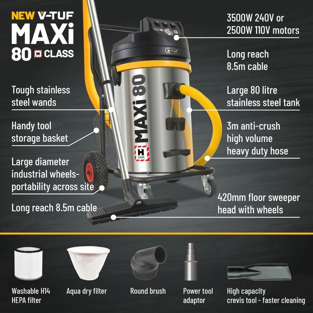 V-TUF MAXIH110-80L H-Class Industrial Dust Extraction Vacuum Cleaner 110V/2500W