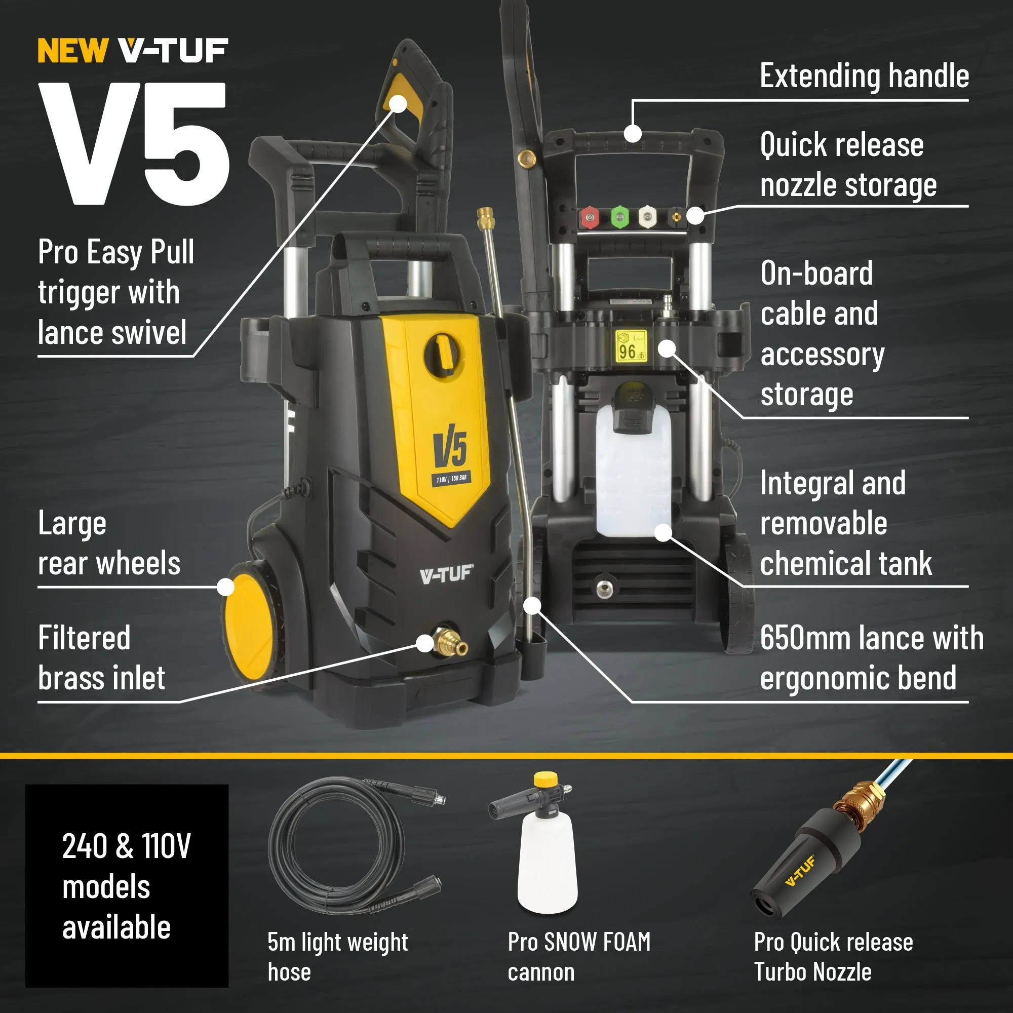 V-TUF V5-240V High Performance Electric Pressure Washer 2400psi. 165 Bar. 7.2L/min